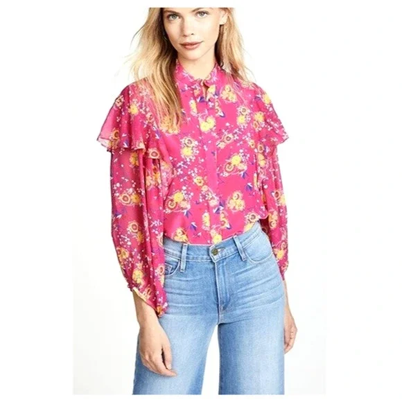Saloni Chloe Silk Floral Blouse Top Size 4 Pink Button Front Ruffles Feminine - Picture 4 of 14